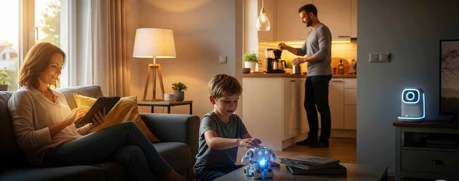 Glückliche Familie in hellem Zuhause - Service und Ökostrom von Minden-Strom